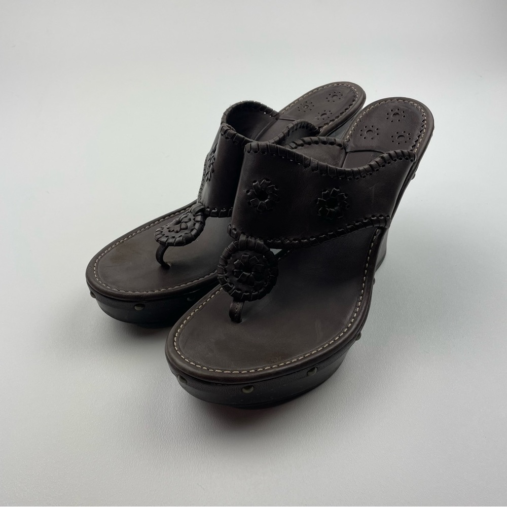 Jack Rogers Wedge Sandals Womens 10M Brown Leather Thong Slip On Heels